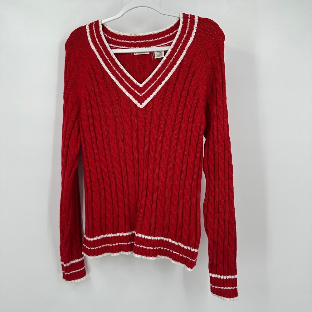 Womens Preppy Cable Knit Tennis Sweater Size M Old Money Nautical Cotton Red